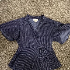Monteau Navy and White Polka Dot Blouse